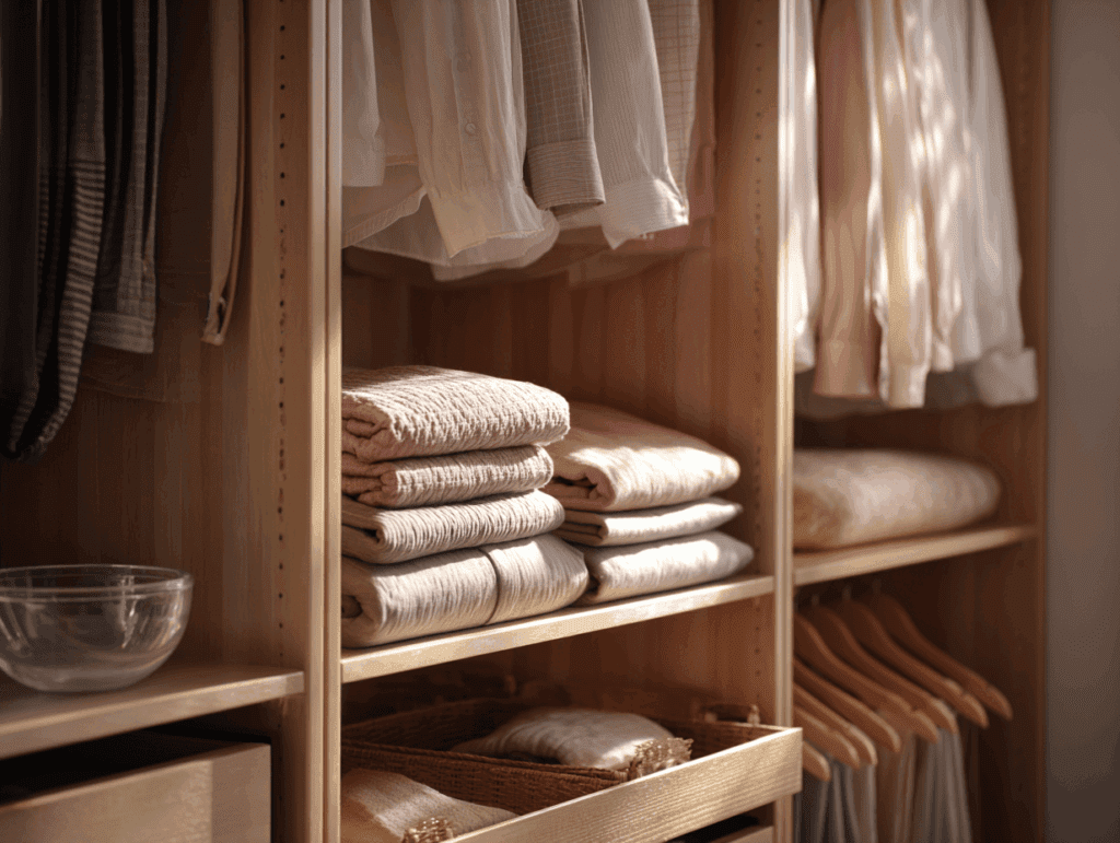 Armoire en bois clair ouverte, bien rangée, avec des vêtements