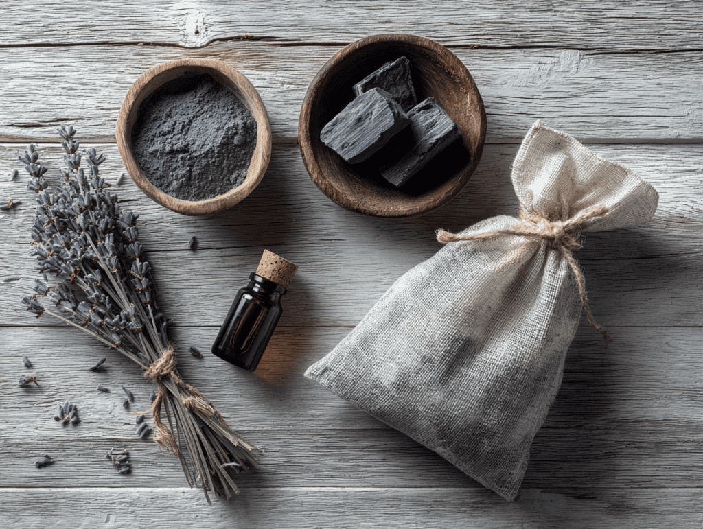 Flat lay sur fond bois clair : un petit bol de bicarbonate de soude, quelques morceaux de charbon actif dans un sachet en lin, un flacon d'huile essentielle de tea tree et une lavande séchée