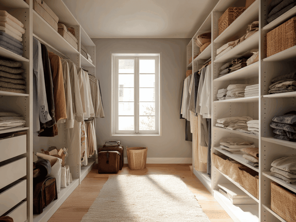 Grand dressing ouvert avec des vêtements bien espacés sur des tringles, des étagères rangées avec de l'espace entre chaque pile. Lumière naturelle venant d'une fenêtre.