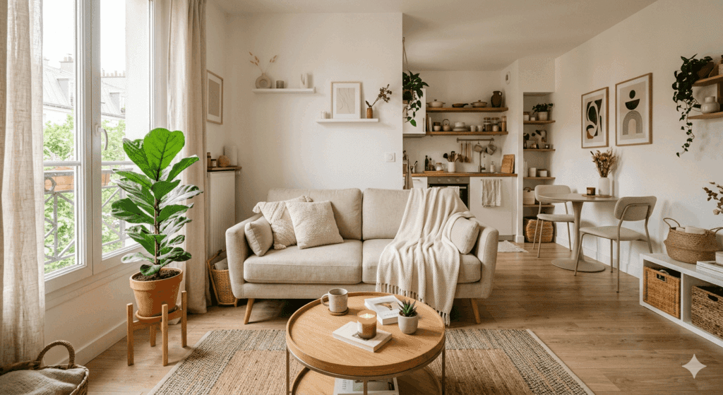 Studio lumineux et bien rangé avec un petit canapé 2 places clair (beige ou gris perle) sur pieds fins, tapis au sol, petite table basse, plante verte, ambiance cosy et aérée