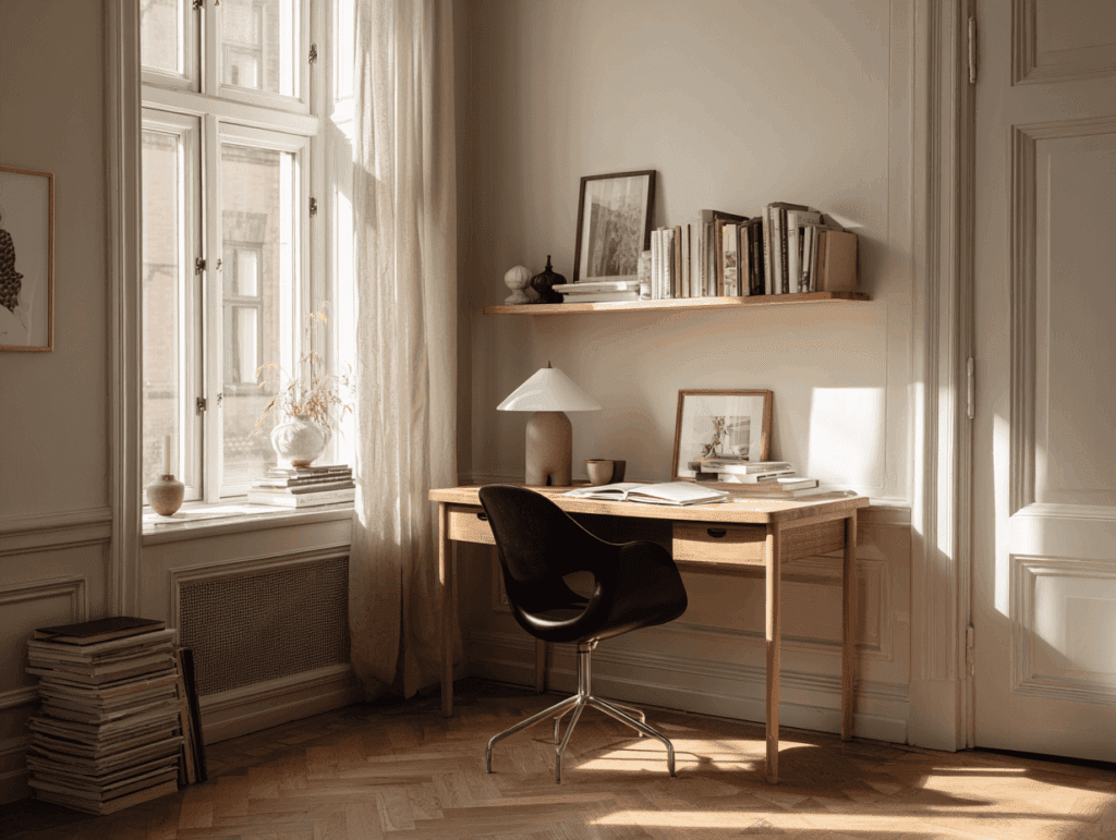 Coin bureau épuré dans un appartement : bureau en bois de hêtre clair, chaise Series 7 d'Arne Jacobsen en noir mat, petite lampe de table en métal blanc, quelques livres empilés. Palette de couleurs naturelles et douces, lumière du jour venant d'une fenêtre sur le côté. Style scandinave pur et assumé.