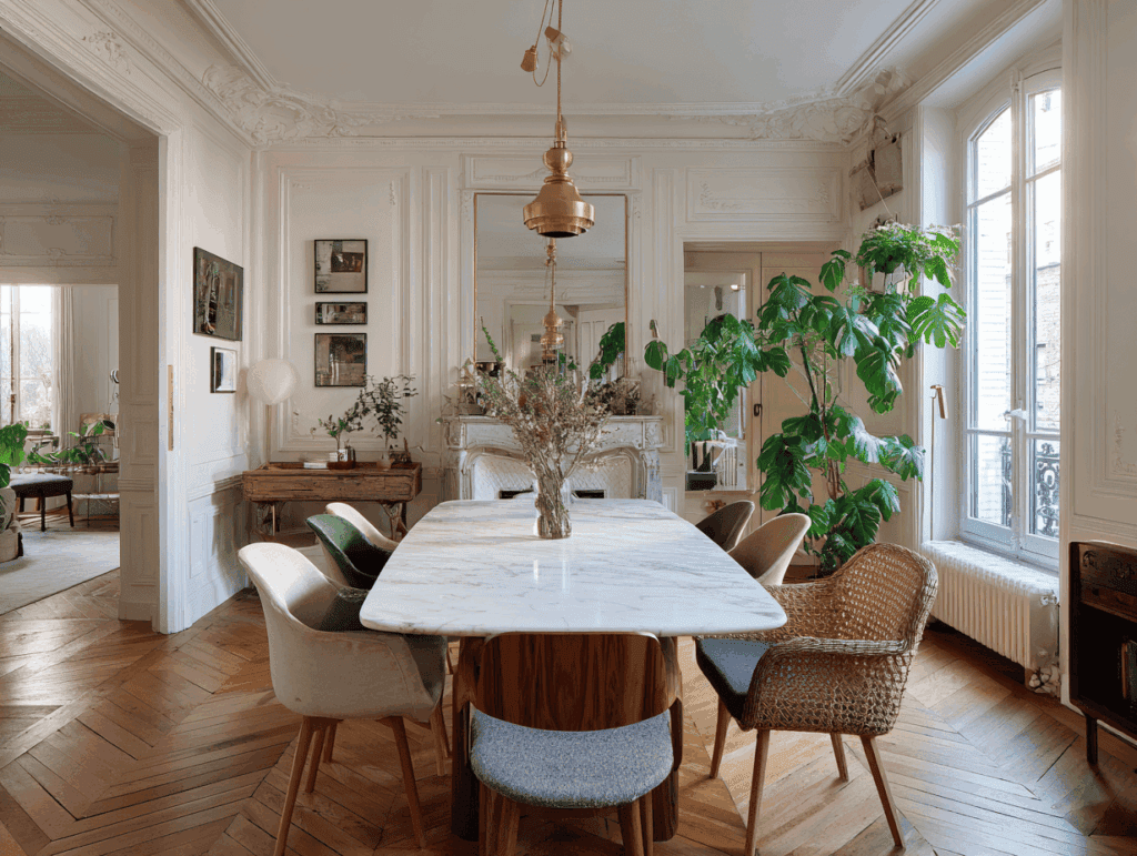 Salle à manger avec table en marbre blanc contemporaine entourée de chaises chinées dépareillées (bois et rotin, teintes différentes mais harmonieuses). Suspension en laiton au plafond, plante verte imposante dans un angle. Ambiance chaleureuse et personnelle, lumière tamisée du soir.