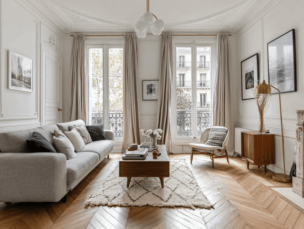 Salon lumineux et élégant mêlant plusieurs styles : canapé contemporain en tissu gris clair, table basse vintage en bois foncé, lampadaire en laiton brossé, tapis berbère crème. Parquet en chêne naturel, murs blancs, lumière naturelle abondante. Vue d'ensemble légèrement en plongée