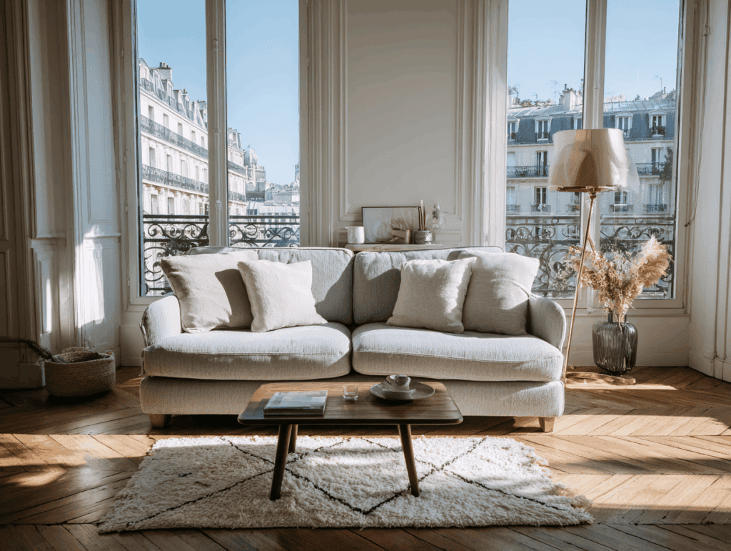 Studio lumineux et bien rangé avec un petit canapé 2 places dans un salon parisien