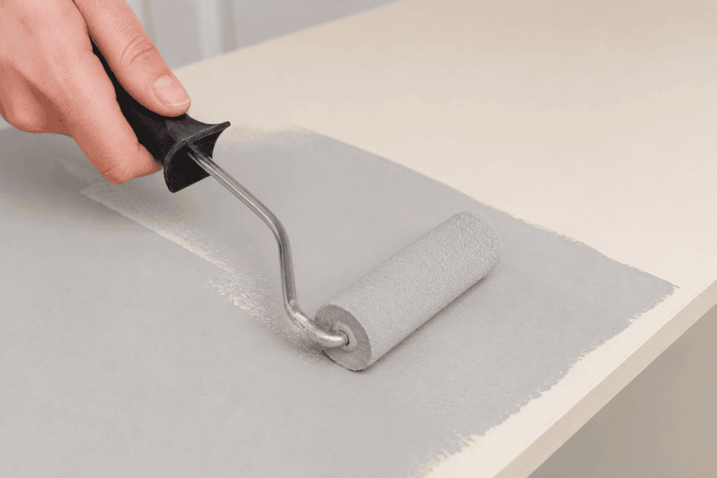 gros plan sur une main appliquant une sous-couche d'accroche au rouleau mousse sur une façade de meuble mélaminé