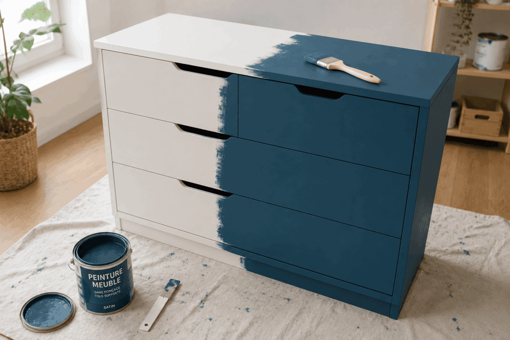 commode mélaminée blanche à moitié repeinte en bleu canard, pinceau posé dessus, pot de peinture ouvert à côté
