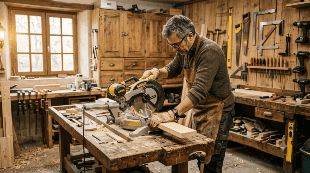 hoto réaliste en plan large d'un atelier de bricolage chaleureux. Un homme d'une quarantaine d'années, cheveux gris-brun, lunettes, porte un tablier en cuir usé sur un pull vert kaki. Il est penché sur un établi en bois massif, mains gantées de gants de travail beiges, en train de guider une scie à onglet électrique jaune et noire posée sur une planche de bois clair.