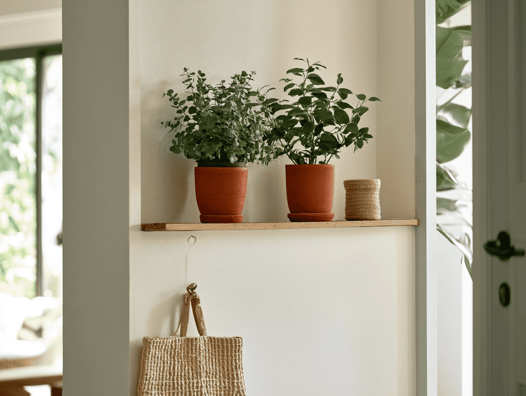 Fixée au-dessus de la ligne de passage, une étagère fine accueille un ou deux pots sans jamais réduire la largeur utile de l'entrée. C'est l'emplacement le plus polyvalent pour une plante pour entrée.