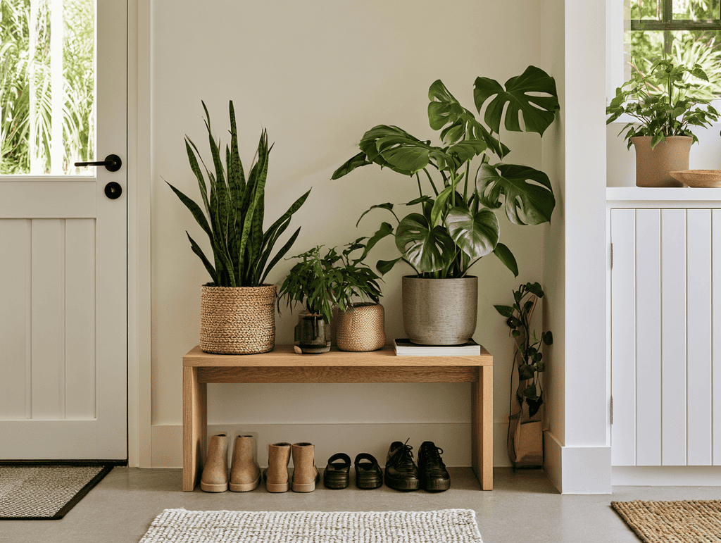 Le moindre recoin non exploité, à côté du meuble à chaussures ou derrière la porte ouverte, peut accueillir une plante sur pied fin, sans empiéter sur la circulation.