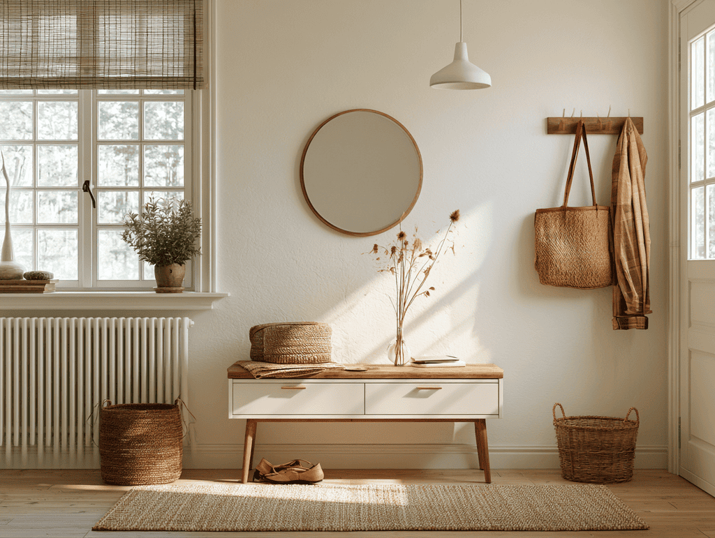 Un petit pot de fleurs posé sur un rebord de fenêtre dans une petite entrée intérieur avec console ou meuble à chaussures