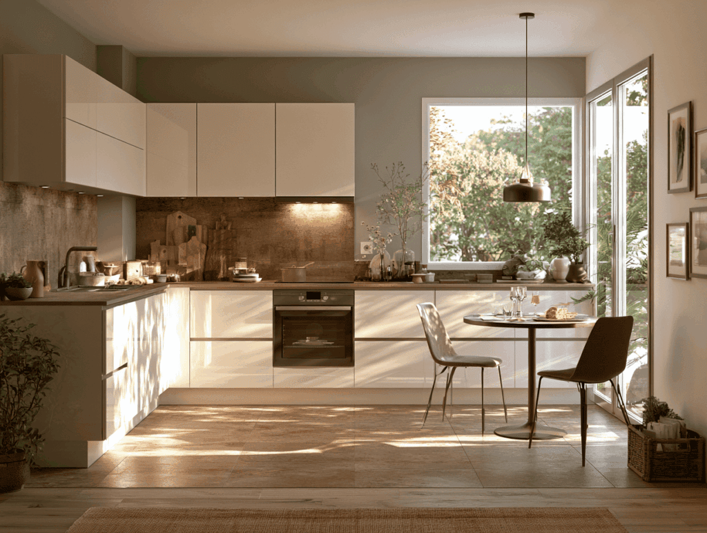 Petite cuisine moderne et lumineuse avec un coin repas compact et chaleureux