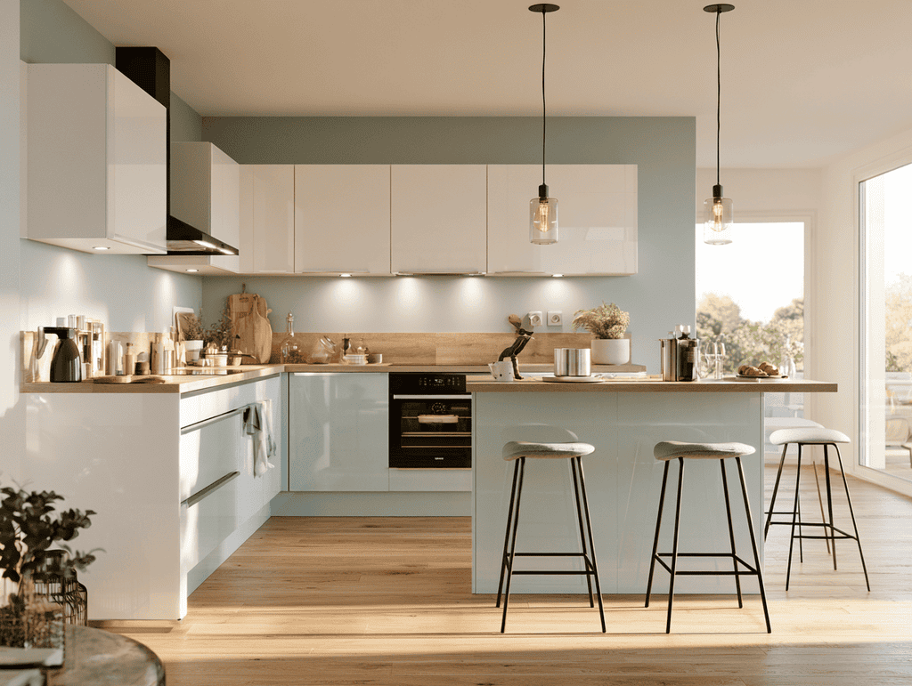 Un simple débord de plan de travail, complété de deux ou trois tabourets, crée un coin repas rapide dans une petite cuisine