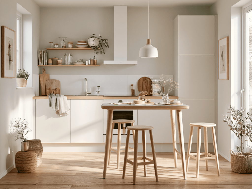 Une petite table haute, associée à des tabourets empilables, convient parfaitement aux petits déjeuners rapides dans une cuisine très exigüe.