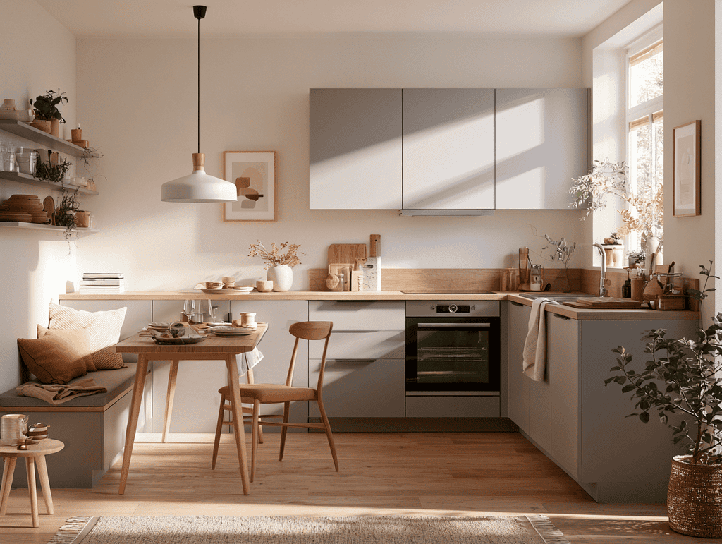 Installée dans un coin peu exploité, une banquette optimise l'espace en réduisant le dégagement nécessaire à l'arrière dans une petite cuisine