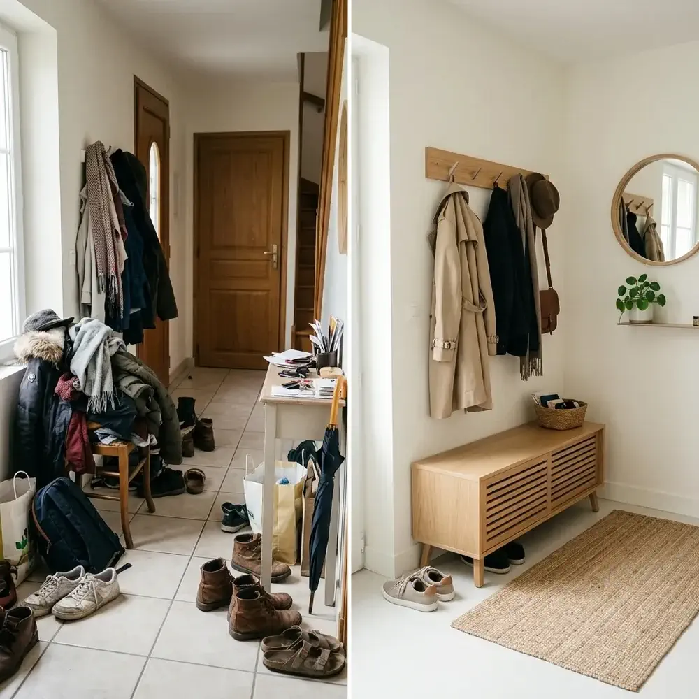meuble d'entrée en bois avant après